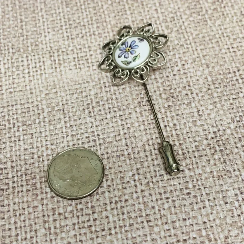 VTG Silver Porcelain Floral Stick Pin‎